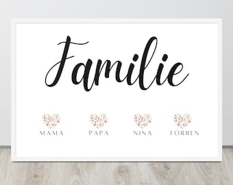 Familien Poster personalisiert mit Herzen und Namen | Familien Geschenk | Familienbild| Familienprint | Bild eine Familie | Eingangsbereich