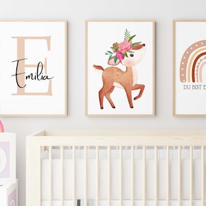 Set of 3 Children's Room Pictures with Names, Forest Animals: Owl, Hedgehog, Deer and Rainbow Poster Set for Baby Room Decoration, Boy Girl Wall Decoration Boho,