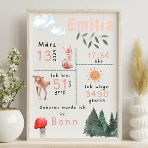 Affiche de naissance animaux de la forêt pour filles et garçons, tableau de chambre d'enfant avec dates de naissance, cadeau pour la naissance d'un bébé, affiche de naissance, chambre de bébé
