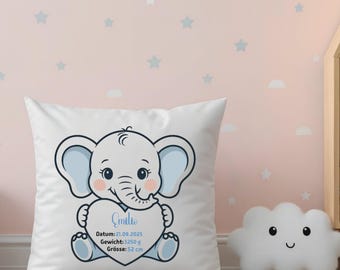 Pillow for birth with name, size and weight Cotton pillow 30x30, 40 x 40 cm Birth gifts boy Birth gift elephant for birth boy