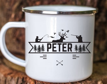 Cadeau de chasseur tasse à café de camping en émail personnalisée avec le nom Waidmannsheil tasse spéciale d'extérieur pour la chasse pour hommes et femmes