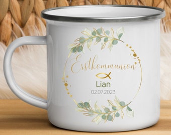 Geschenkidee Kommunion 2024 personalisierte Tasse Kommunion Geschenk mit Namen Erstkommunion Mädchen Jungen besonderes Geschenk Blumenkranz