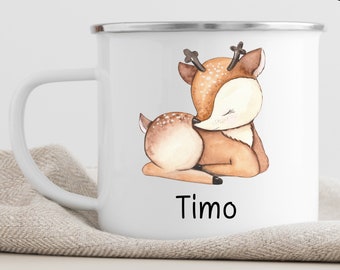 Tasse en émail personnalisée avec des animaux de la forêt, tasse pour enfants avec nom, vaisselle pour enfants, tasse pour enfants, cerf mignon, vaisselle pour enfants, tasse en émail