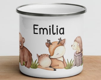 Kinder Tasse personalisierte Emaille Becher mit Namen Waldtieren Tasse für Mädchen u- Jungen Kindergarten Geburtstagsgeschenk Schulanfang