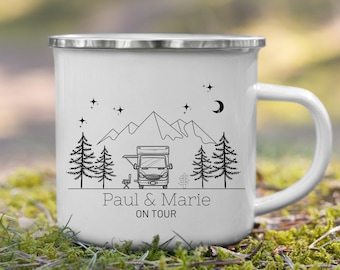 Gepersonaliseerde emaille mok, cadeau voor camperliefhebbers, kampeermok, kampeercadeau voor kampeerders, caravan, buitenkeuken, campermok, metaal