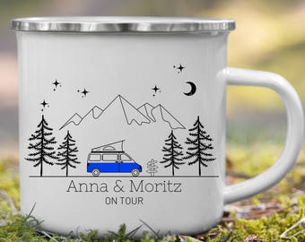 Personalized enamel camping mug for campers with name, suitable for camping vans, motorhomes, and campervans. A great gift for campers.