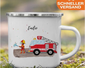 Children's Enamel Firefighter Mug with Name, Personalized Children's Mug for Boys and Girls, Children's Tableware, Camping Mug, Fireman Mug, Kindergarten