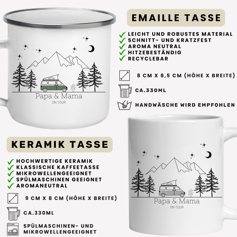 Unsere Auswahl an Camping Motiven undFarben für die Personalisierte Camping Tasse Emaille Tasse oder Keramik Tasse