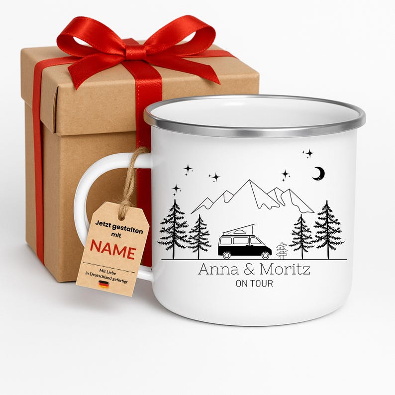 Personalized enamel camping mug for campers with name, suitable for camping vans, motorhomes, and campervans. A great gift for campers. image 10