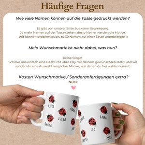 May include: Two white ceramic mugs with custom names and ladybug designs. The mugs feature names like Kjell, Paula, and Julia, each accompanied by a red and black ladybug. The image also includes text in German.