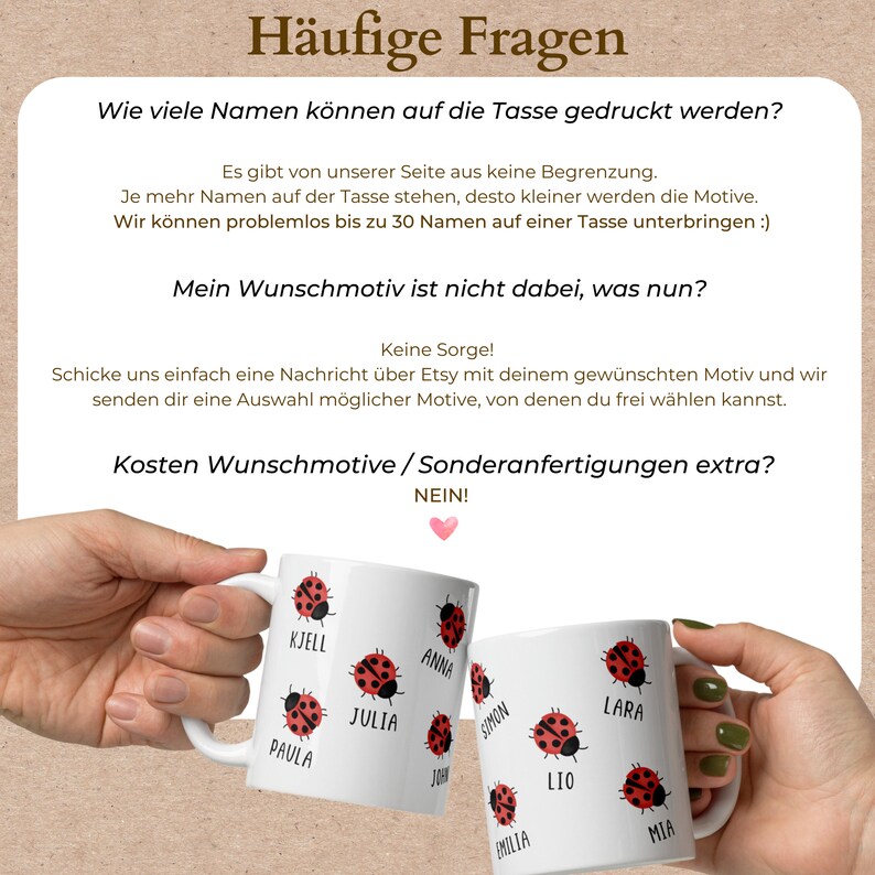 May include: Two white ceramic mugs with custom names and ladybug designs. The mugs feature names like Kjell, Paula, and Julia, each accompanied by a red and black ladybug. The image also includes text in German.