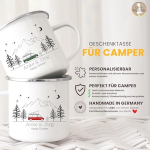 Personalized enamel camping mug for campers with name, suitable for camping vans, motorhomes, and campervans. A great gift for campers. image 2