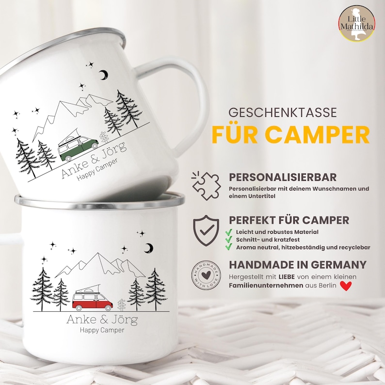 Personalized enamel camping mug for campers with name, suitable for camping vans, motorhomes, and campervans. A great gift for campers. image 2