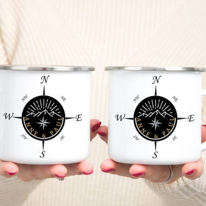 Tasse d&#39;émail camping, tasse d&#39;émail personnalisée avec boussole et nom, vaisselle de camping camping-car, boussole de décoration de caravane, tasse d&#39;extérieur