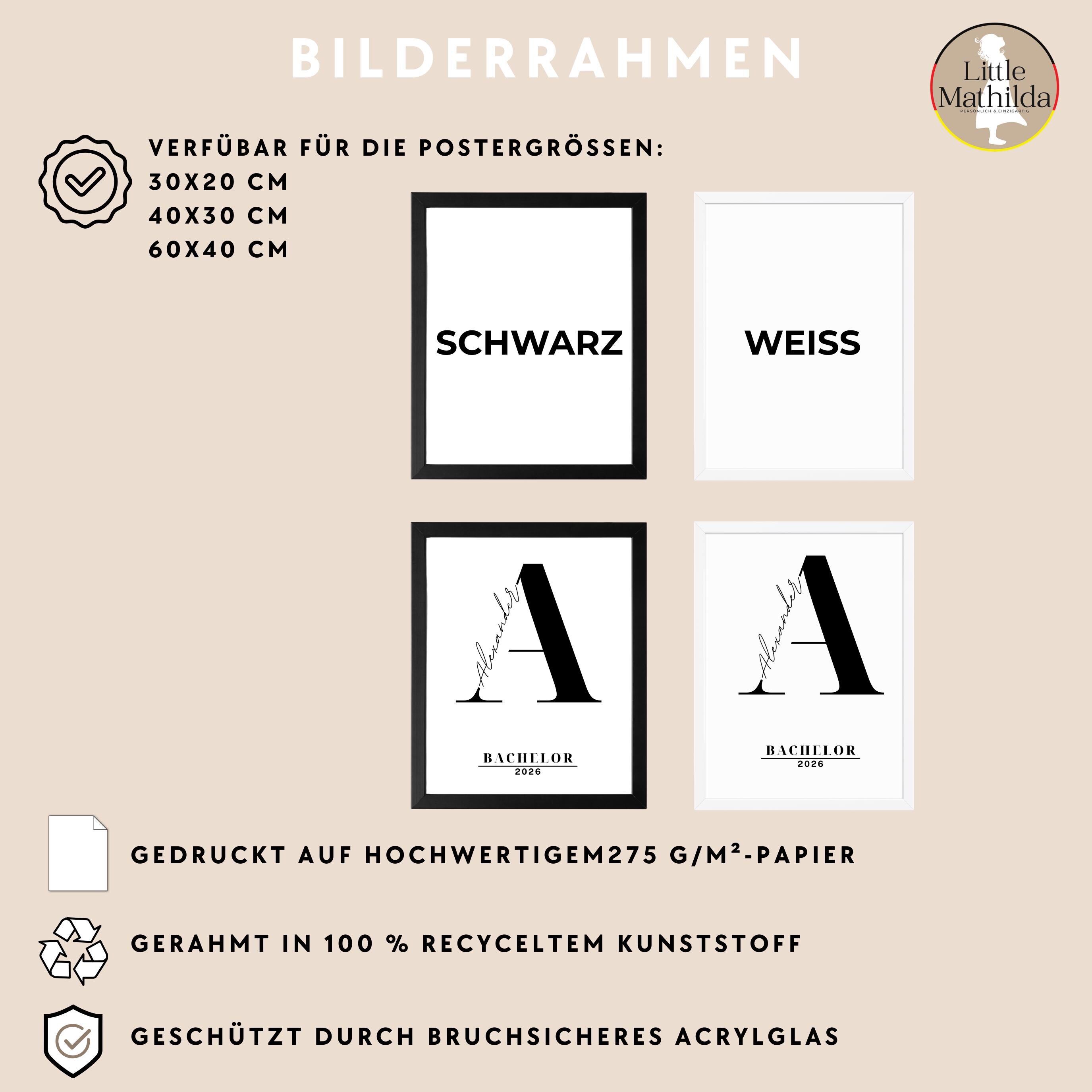 Poster Personalizzato Per Laurea - Con Nome, Iniziale, Titolo E Anno - Incorniciato, Scegli Misura
