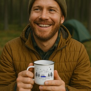 Personalized enamel camping mug for campers with name, suitable for camping vans, motorhomes, and campervans. A great gift for campers. image 8