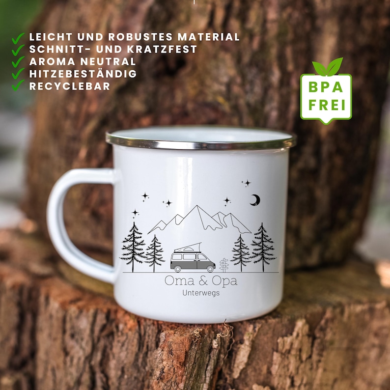 Personalized enamel camping mug for campers with name, suitable for camping vans, motorhomes, and campervans. A great gift for campers. image 7