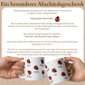 May include: White ceramic mugs with red ladybug designs and personalized names. The mugs are a farewell gift for a kindergarten group, with the text "Kitagruppe: Marienk&auml;fer" and other German text.
