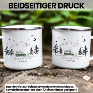 Personalized enamel camping mug for campers with name, suitable for camping vans, motorhomes, and campervans. A great gift for campers. image 6