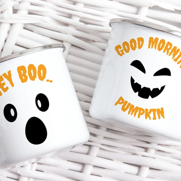 Halloween Tasse  für Zwei "Good Morning Pumpkin -Hey Boo" Emaille Tasse, Kürbis Halloween-Dekoration, SET aus zwei Tassen.. Pumkin Boo, Deko