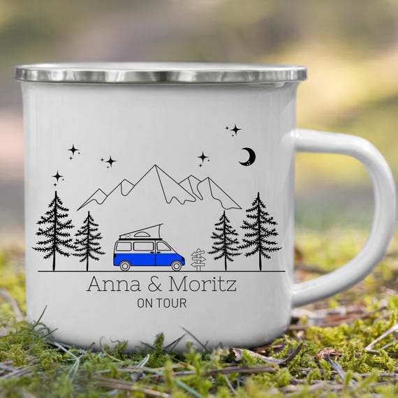 Camping Tasse personalisierte Emaille Tasse für Camper mit Namen Camping-Van Wohnmobil Campervan Geschenk für Camper Becher Wohnwagen