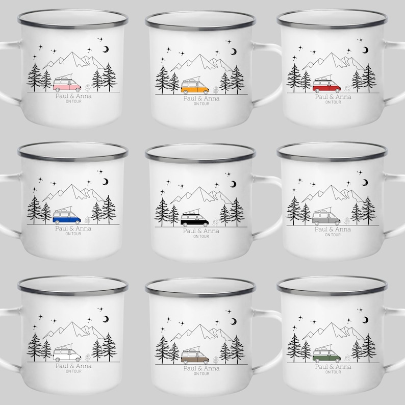 Unsere Auswahl an Camping Motiven undFarben für die Personalisierte Camping Tasse
