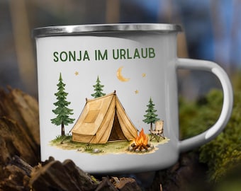 Personalized Enamel Camping Mug Tent Holiday