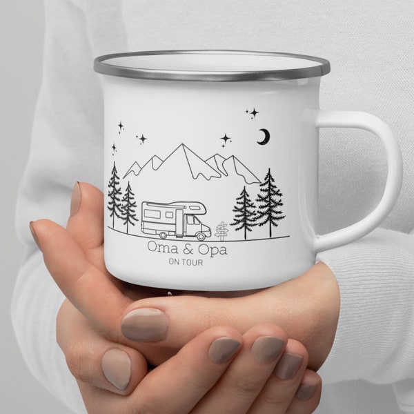 Personalisierte Emaille Tasse für Camper mit Namen | Wohnmobil Anhänger Tasse | Wohnwagen deko Wohnmobil Geschenk für Camper | Trinkbecher