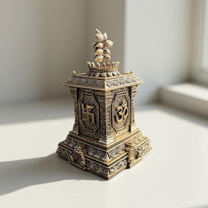 May include: A detailed, gold-colored decorative shrine with intricate carvings. The shrine features a square base, ornate sides with religious symbols, and a decorative top with a leaf-like design. The overall design is symmetrical and detailed.