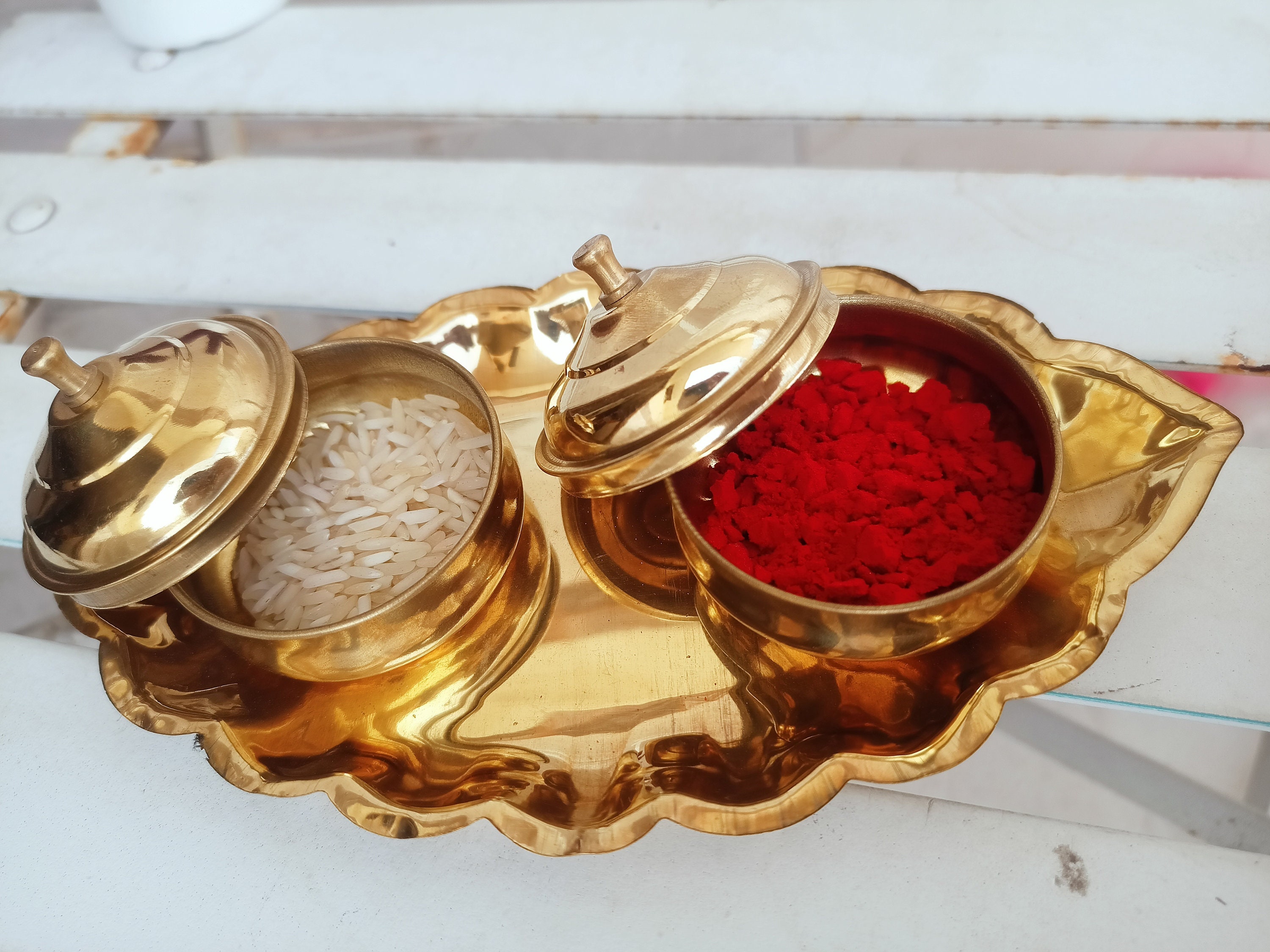 Haldi Kumkum Box Made of Pure Brass Used As Wedding Gift . Pooja purpose Tikka Pot Old Hindu Kumkum Box Hand Crafted .