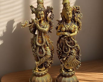 シャクティ　真鍮製 クリシュナとラーダー 彫刻像 ペア＆壁掛け3点セット Brassaura 真鍮製ラーダー・クリシュナ像 – 高さ21インチ、重量18kg