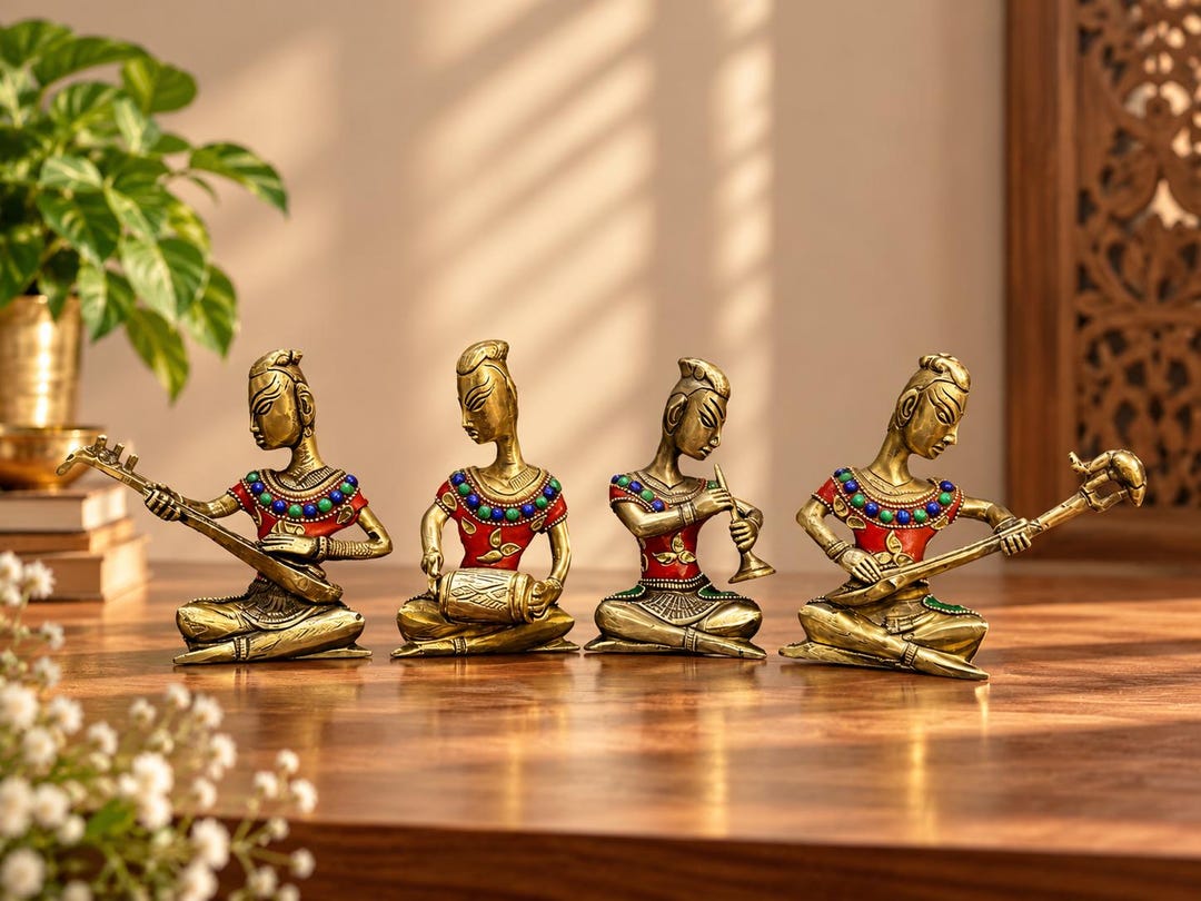 【Bronze Sculpture】音楽奏者 カルテット 四重奏 4体セット Tribal Musicians Brass Statues Set of 4 | Handmade Dhokra Art