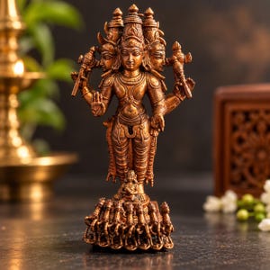May include: A bronze-toned statue of a multi-headed deity standing on a base featuring a smaller figure and a row of animal carvings. The central figure has four arms, with two hands holding objects and two in gestures, adorned with intricate jewelry.