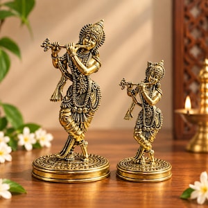 Handgjord mässing Krishna-staty, hinduisk gud idol, inflyttningspresent