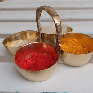 Roli Chawal Chaumukh Made of Pure Brass Used As Wedding Gift . Pooja purpose Tikka Pot Old Hindu Four Bowl Hand Crafted .