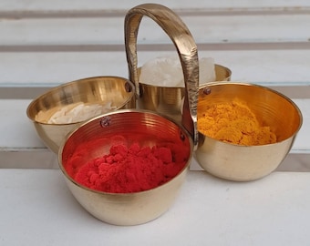 Roli Chawal Chaumukh Made of Pure Brass Used As Wedding Gift . Pooja purpose Tikka Pot Old Hindu Four Bowl Hand Crafted .
