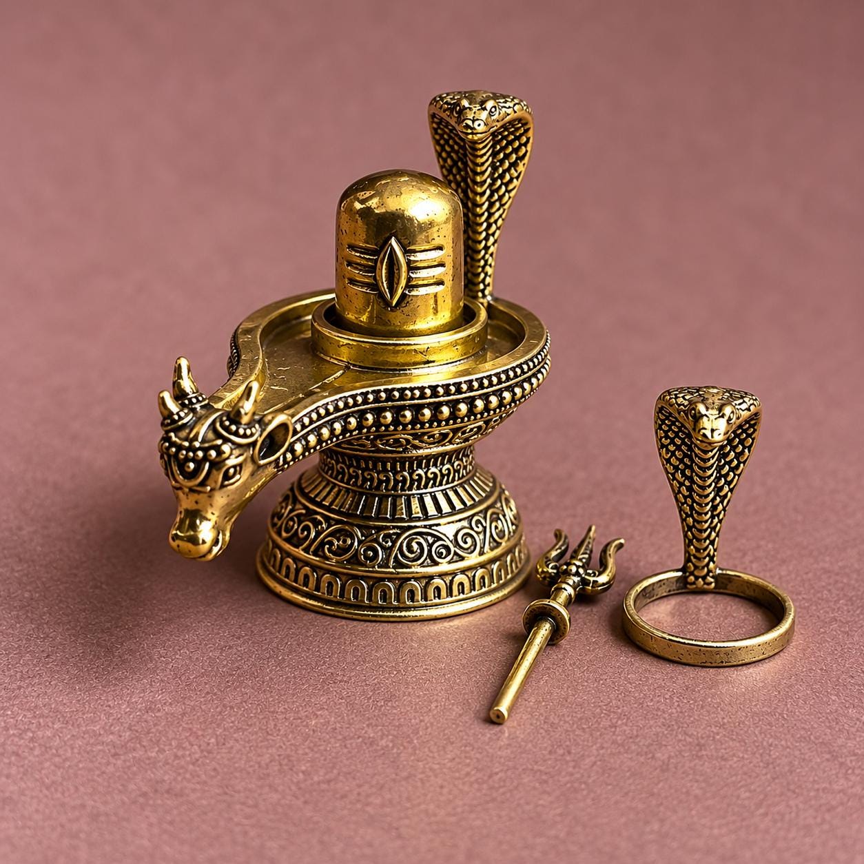 Brass Shiva Lingam With Trishul & Naga Shivling for Worship Temple