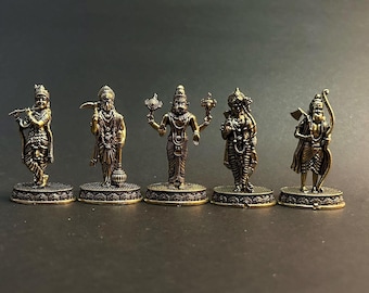 Lord Vishnu messing dasavatar-standbeeldset | Lord Vishnu tien avatars | Hindoeïstische godheidsbeeldjes | Spiritueel woondecoratie | Messing Pooja-idolen