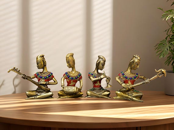 Tribal Musicians Brass Statues Set of 4 | Handmade Dhokra Art