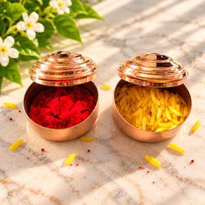 May include: Two round copper containers with tiered lids. One container is filled with vibrant red powder, and the other contains yellow rice grains. The containers are placed on a light-colored surface with scattered rice grains nearby.