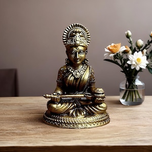 Estatua de Annapurna Devi de latón hecha a mano/Diosa hindú de la comida y la nutrición/Decoración de templo espiritual, bendiciones de cocina, decoración de prosperidad