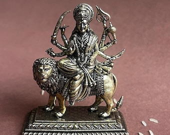 Antique Brass Maa Durga Statue: Hindu Goddess Idol for Pooja