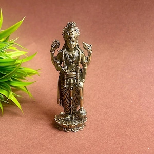 Lord Vishnu Statue Brass Hindu God Idol for Home Temple & Puja Divine Vishnu Murti Spiritual Decor Gift Antique Gold Finish