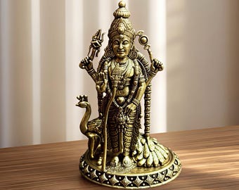 Lord Kartikeya Statue Brass Murugan God Idol for Puja Skanda Subramanya Swami Sculpture Hindu Temple Decor South Indian Gift