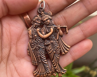 Radhey Krishna Statue in Metal Krishna idol Locket, Krishna murti Kanha Makhan Chor, Home Temple Mandir Altar, Pooja Decor Krishna necklace