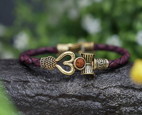 Trishul Damru OM Rudraksha Gold Plated Leather Mahadev Mahakal Shiva Bhakt Bahubali Navaratri Special Kada Bracelet for Men Women