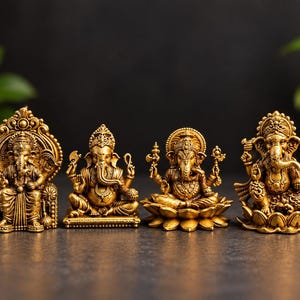May include: Four gold-colored statues of the deity Ganesha arranged in a row. Each figure features intricate detailing, with varying poses including sitting on a throne, on a rectangular base, and on a lotus flower, all with an elephant head.