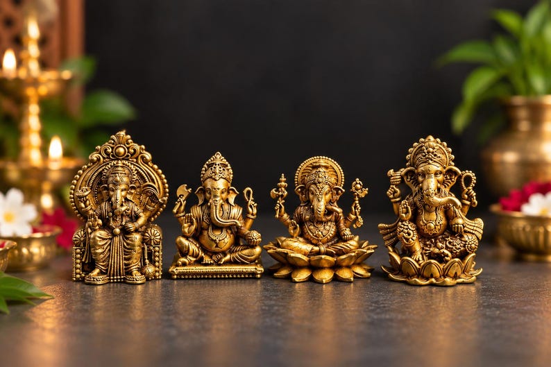 May include: Four gold-colored statues of the deity Ganesha arranged in a row. Each figure features intricate detailing, with varying poses including sitting on a throne, on a rectangular base, and on a lotus flower, all with an elephant head.