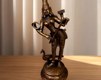 サラスワティ像、21 CM 銅仕上げ 白鳥に乗ったサラスワティ女神