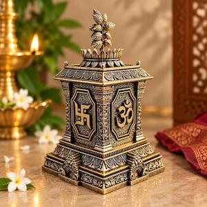 May include: A metallic gold-toned decorative box featuring intricate embossed patterns, a swastika symbol, and an Om symbol on its sides. The lid is topped with a sculpted leaf-like finial and a lotus-shaped base, showcasing detailed craftsmanship.